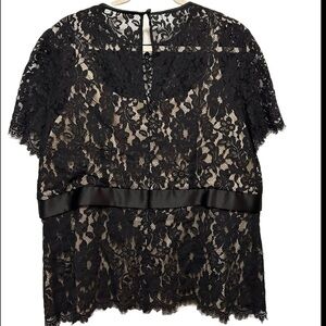 Vintage‎ 90s TALBOTS Lace overlay Short Sleeve Blouse women’s 14 Black sheer